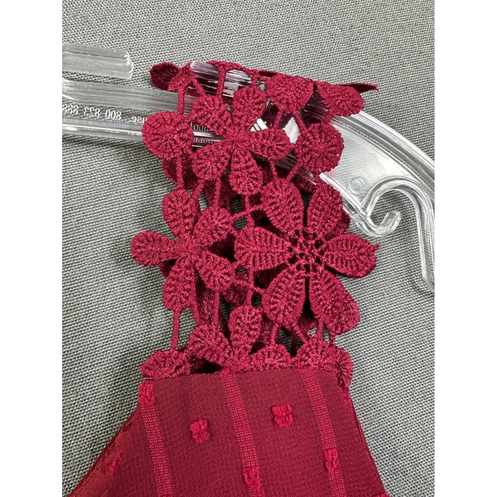 Falechay Women Wine Red Swiss Dot Crochet Lace Strap Sleeveless Blouse Top S NWT